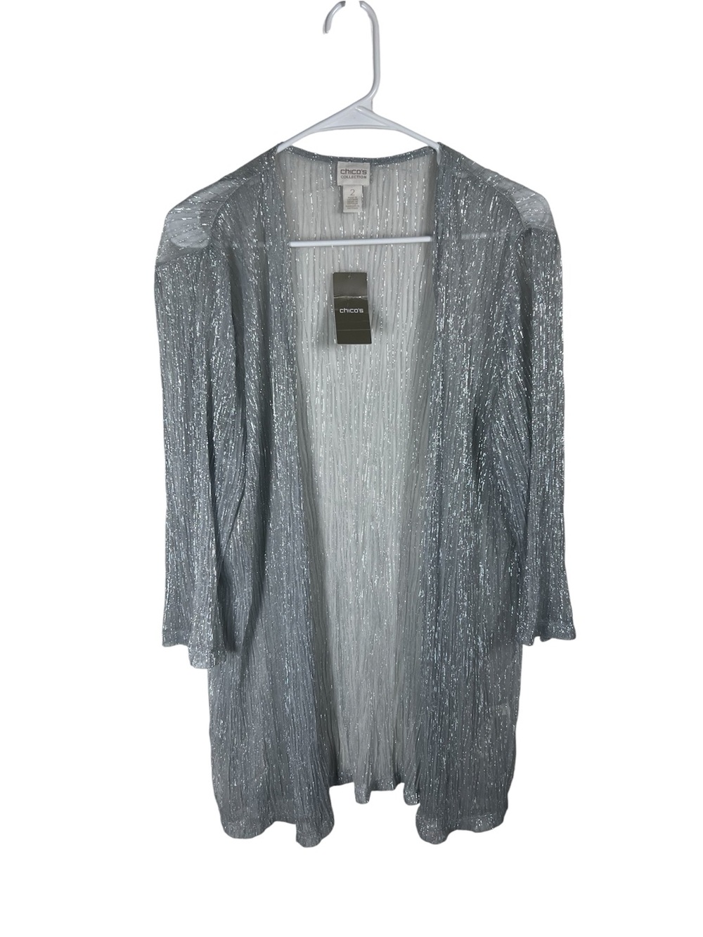 Chico's Silver Shimmering Open-Front Cardigan Size L (Chico’s Size 2)